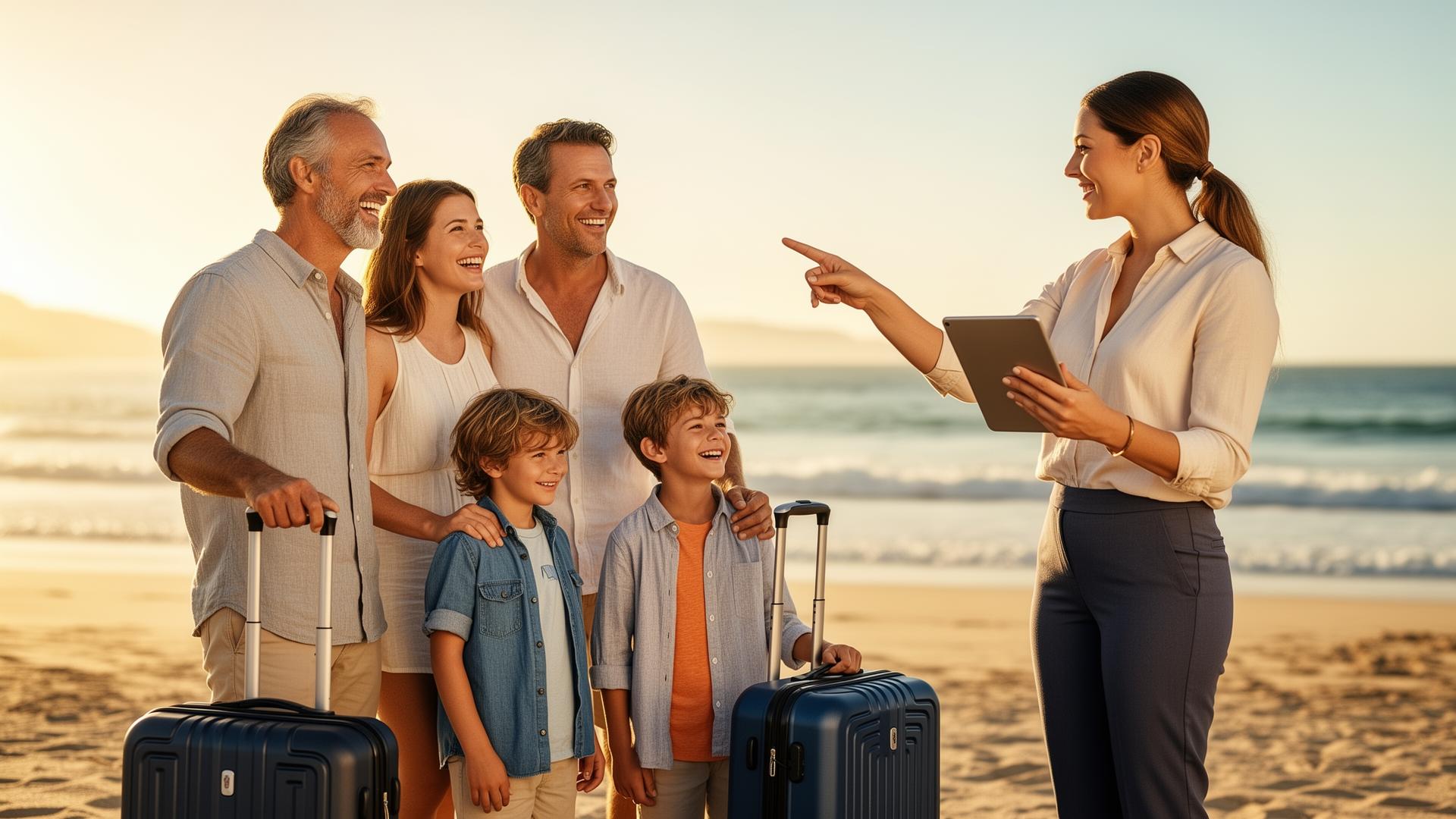 A family on vacation being helped by a personal assistant